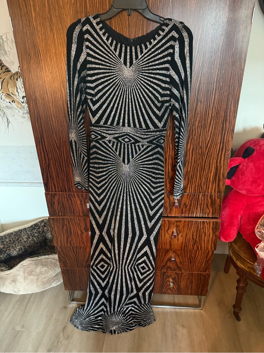 Betsy & Adam Black and Silver Long Sleeve Sequin Gown